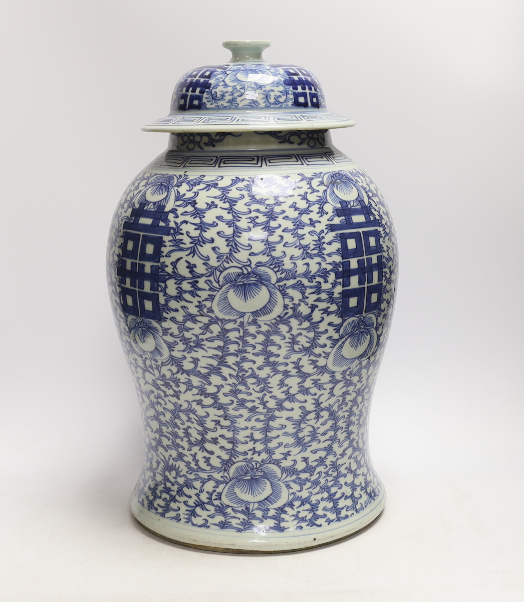 A Chinese blue and white ‘shuangxi’ baluster jar and cover, 43cm high